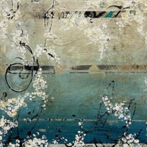 Peinture acrylique texturée sur panneau de bois représentant une scène hivernale avec les vestiges de fleurs donnant une atmosphère douce et romantique.