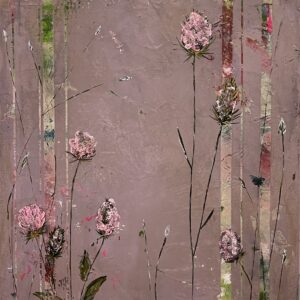 Peinture acrylique texturée sur toile représentant des fleurs sauvages de chardon-Marie dans un style doux et romantique