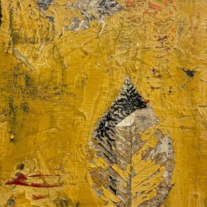 Collage et peinture acrylique texturée sur panneau de bois au allures abstraites où la nature et la musique émerge dans l'abstrait.