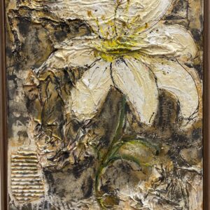Peinture acrylique texturée sur toile représentant des iris dans des tons organiques et sobres.