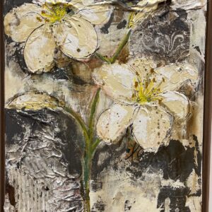 Peinture acrylique texturée sur toile représentant des iris dans des tons organiques et sobres.