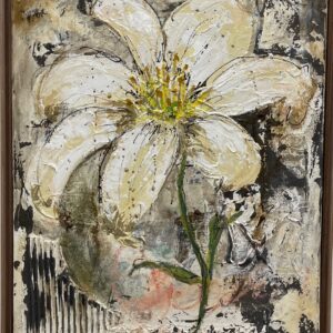 Peinture acrylique texturée sur toile représentant des iris dans des tons organiques et sobres.