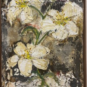 "Pour toutes ces années" créé Isabelle Lahaye artiste peintre en techniques mixtes-Peinture acrylique texturée sur toile représentant des iris dans des tons organiques et sobres.
