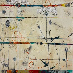Peinture acrylique texturée sur panneau de bois représentant des fleurs sauvages dans un style dynamique et simpliste