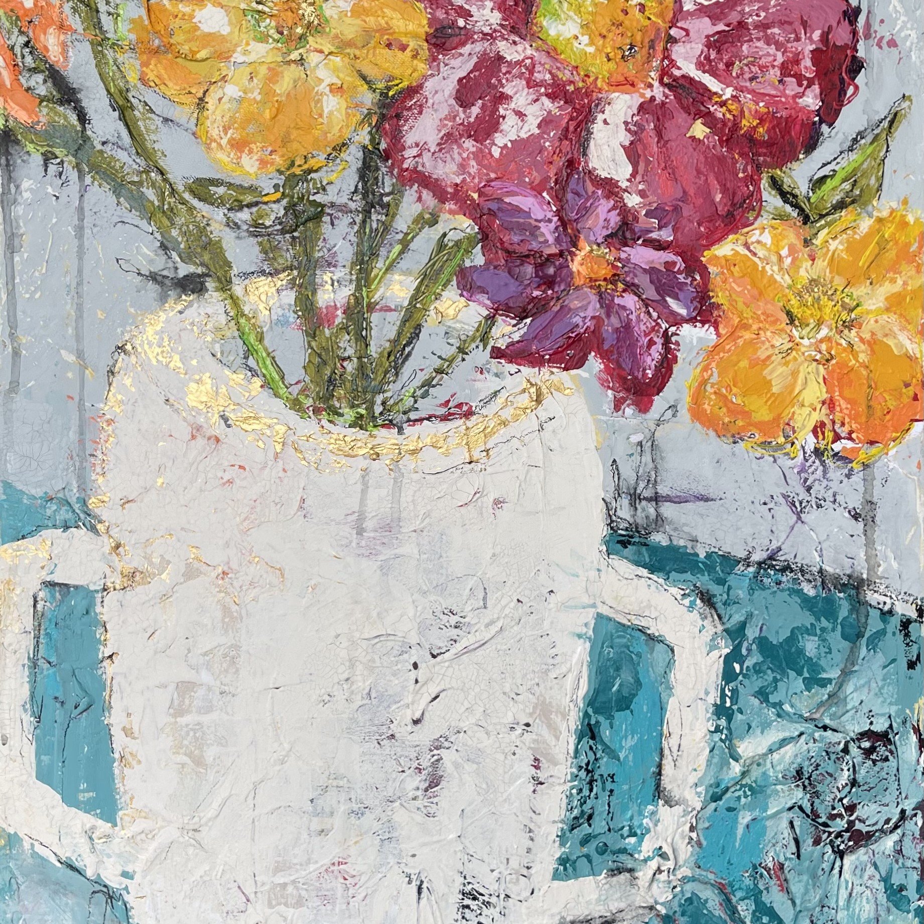 Peinture acrylique texturée sur toile représentant un pot de bouquet de fleurs colorées