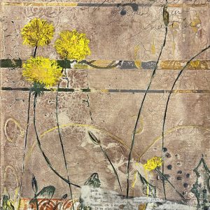 Oeuvre acrylique, collage et techniques mixtes sur toile représentant des fleurs sauvages de Pissenlit dans un style organique et simple