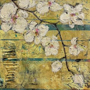 Collage et peinture acrylique texturée sur panneau de bois au allures abstraites où prédomine une branche d'orchidée
