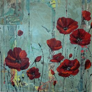 Collage et peinture acrylique texturée sur panneau de bois au allures abstraites où danse des coquelicots rouge.