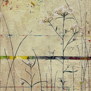 Peinture acrylique texturée sur toile représentant des fleurs sauvages immortelles dans un style doux et épuré