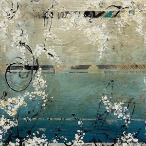 Peinture acrylique texturée sur panneau de bois représentant une scène hivernale avec les vestiges de fleurs donnant une atmosphère douce et romantique.