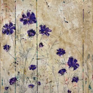 Peinture acrylique texturée sur toile représentant des fleurs sauvages violette dans un style doux et romantique