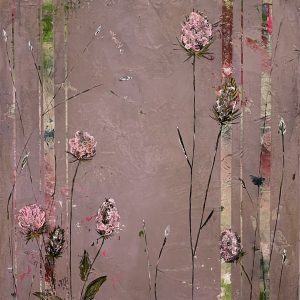 Peinture acrylique texturée sur toile représentant des fleurs sauvages de chardon-Marie dans un style doux et romantique